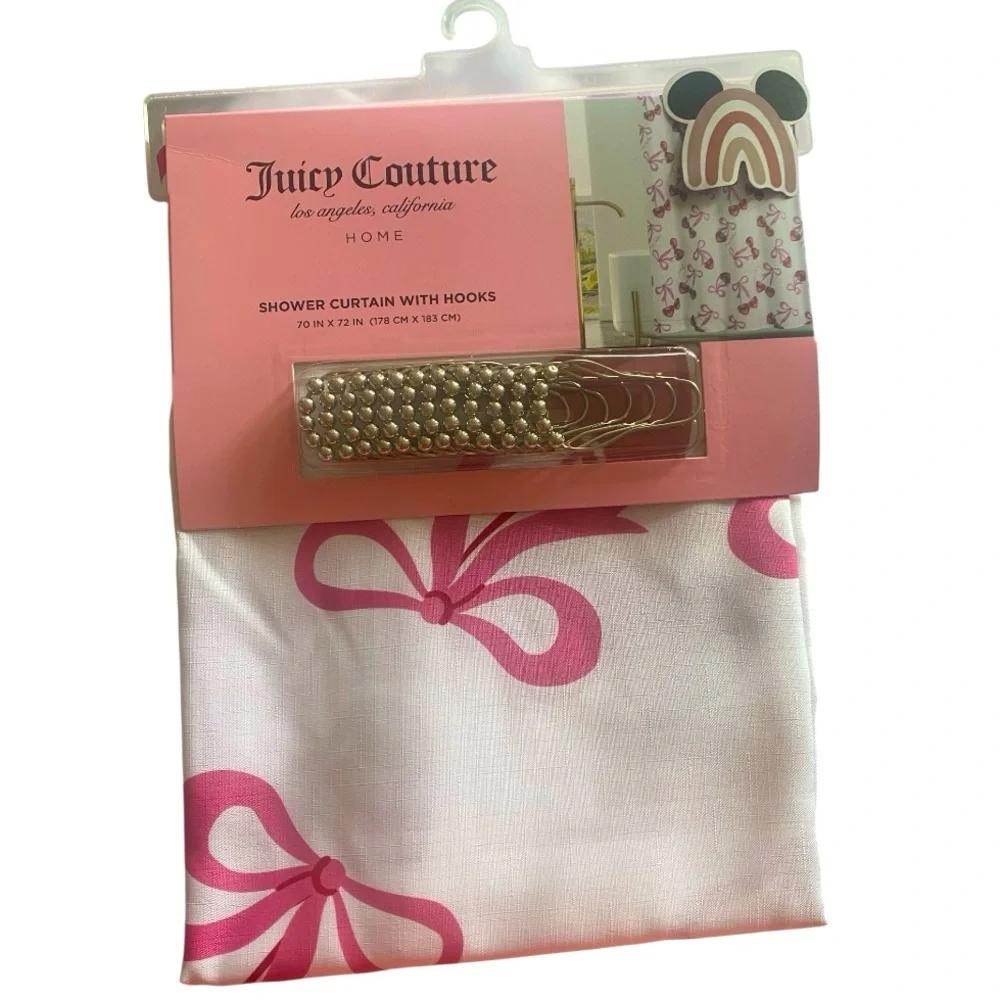 Juicy Couture Pink & Red Cherry Bows Shower Curtain with Hooks Set